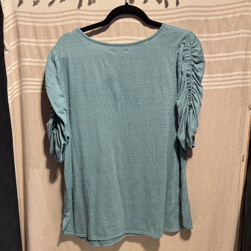 Max Studio Teal Blouse with Ruched Sleeves - Picture 4 of 5
